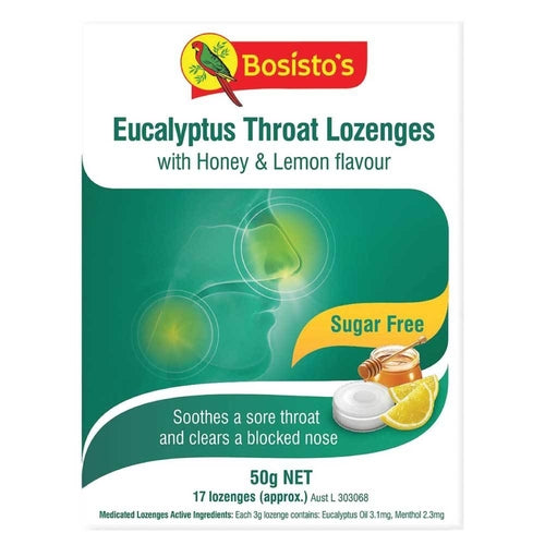 Eucalyptus Drops Bosisto's Sugar Free Throat Honey Lemon Soothing 50g