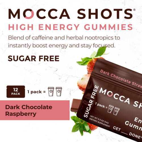 Sugar Free Mocca Shots Caffeine Gummies Dark Chocolate Strawberry 12